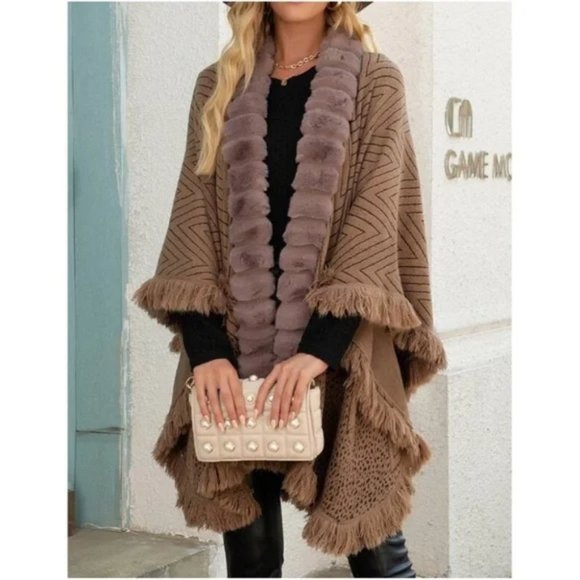 Sweaters - Cozy Mocha Brown Fringe Open Front Cardigan Poncho